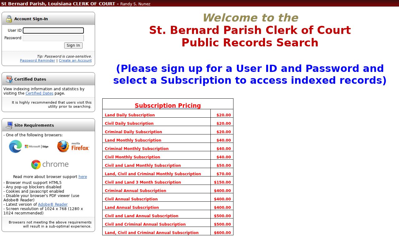 St. Bernard Parish Clerk of Court eSearch login for Chalmette records