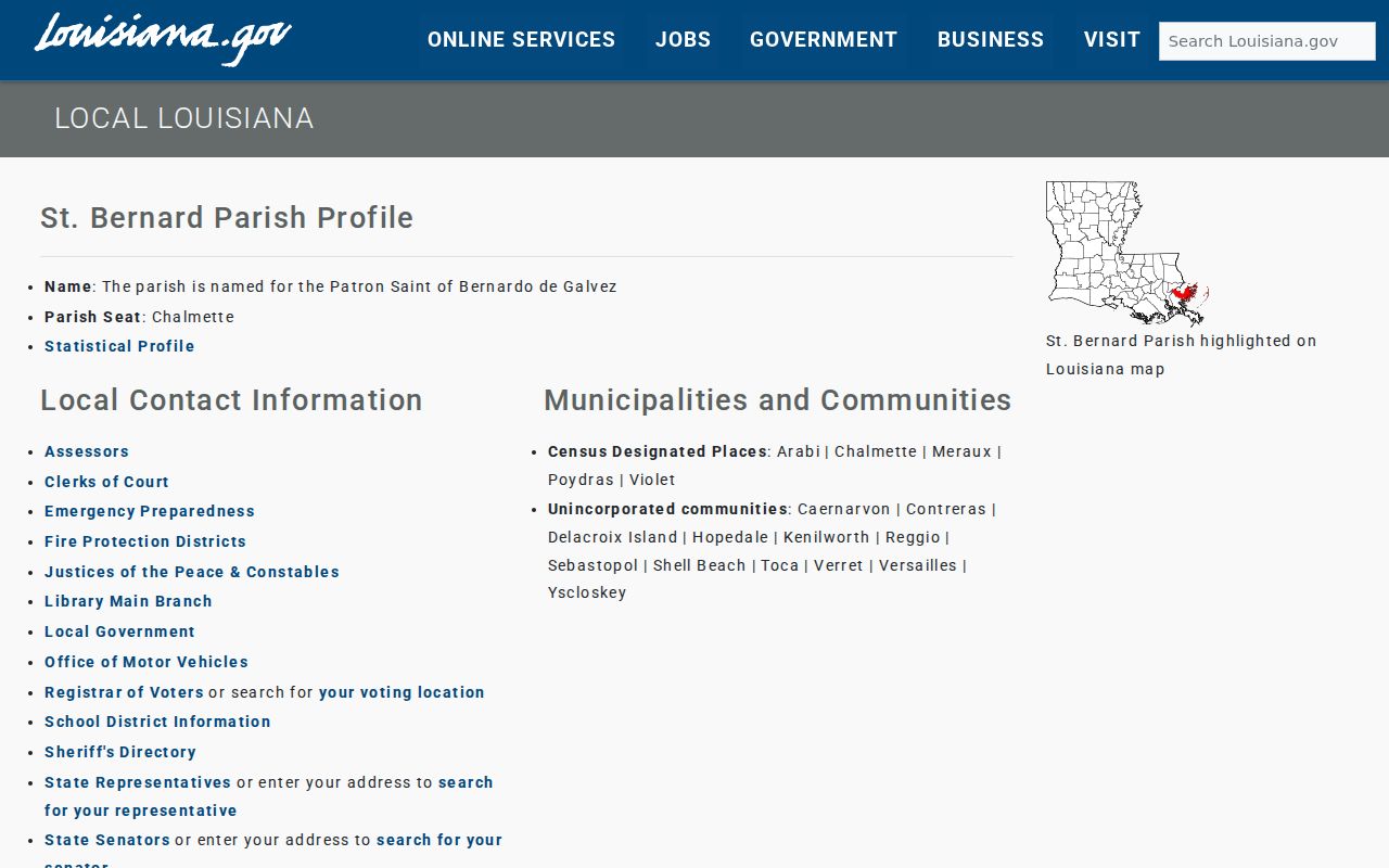 Official St. Bernard Parish page for Chalmette residents directory research
