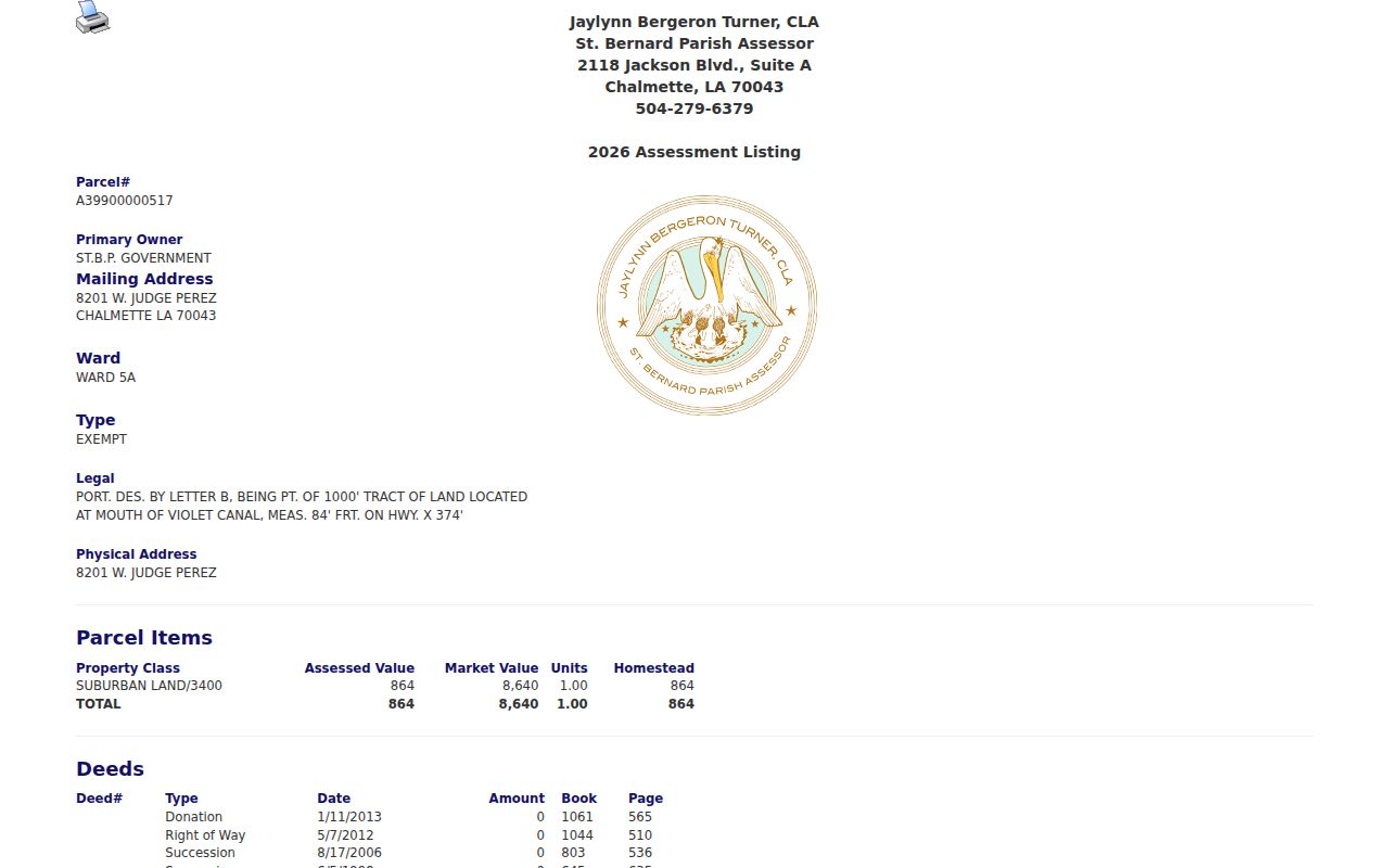 St. Bernard Parish Assessor parcel card showing a Chalmette physical address and deed fields